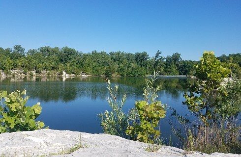 Large pond surrounded by green trees and rock with clear blue skies overhead