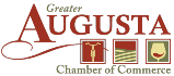 Chamber of commerce logo with red lettering and three boxes with images